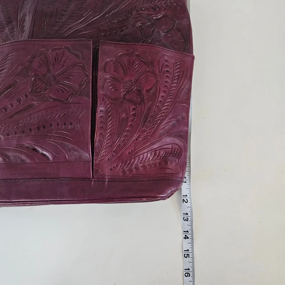 Leaders In Leather Hand-Tooled Tote Bag Burgundy Floral Boho Western Shoulder